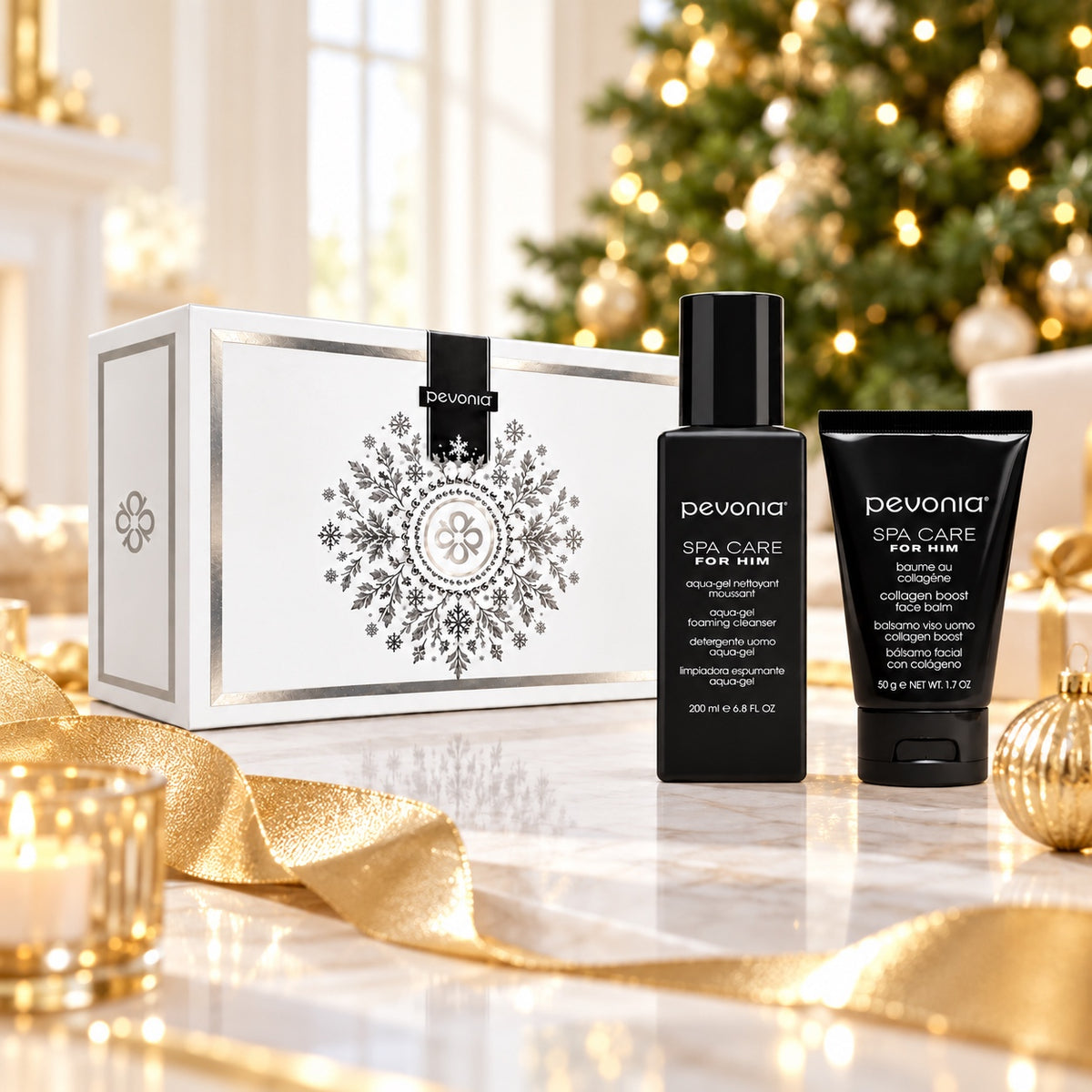 Pevonia Men's Gift Pack displayed beside a Christmas tree. File: pevonia-mens-gift-pack-christmas-tree-2026.jpg