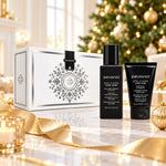 Pevonia Men's Gift Pack displayed beside a Christmas tree. File: pevonia-mens-gift-pack-christmas-tree-2026.jpg