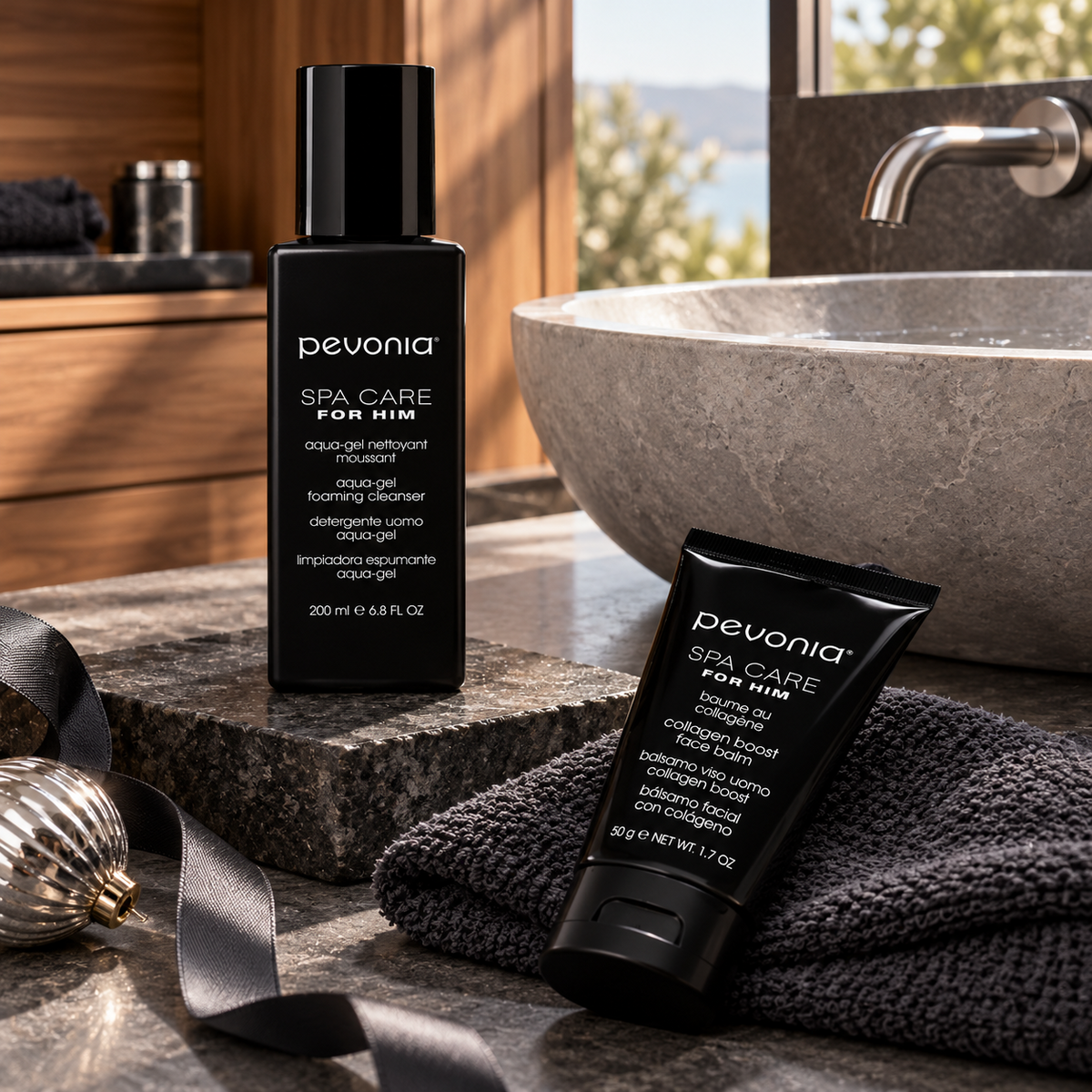 Pevonia Men's Gift Pack in a styled product arrangement. File: pevonia-mens-gift-pack-products-creative-2026.png