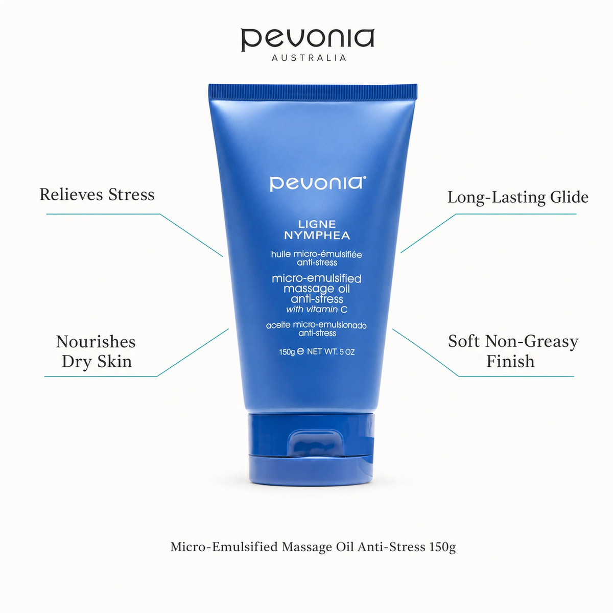 Pevonia Micro-Emulsified Massage Oil Anti-Stress 150g with benefits for stress relief, long-lasting glide, dry skin nourishment and a soft non-greasy finish
