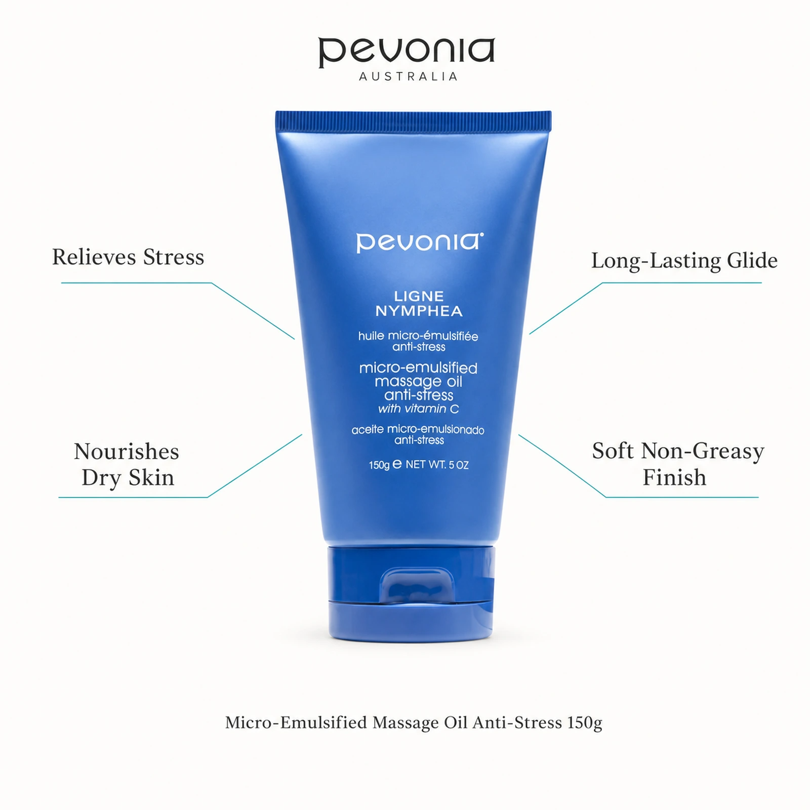 Pevonia Micro-Emulsified Massage Oil Anti-Stress 150g with benefits for stress relief, long-lasting glide, dry skin nourishment and a soft non-greasy finish