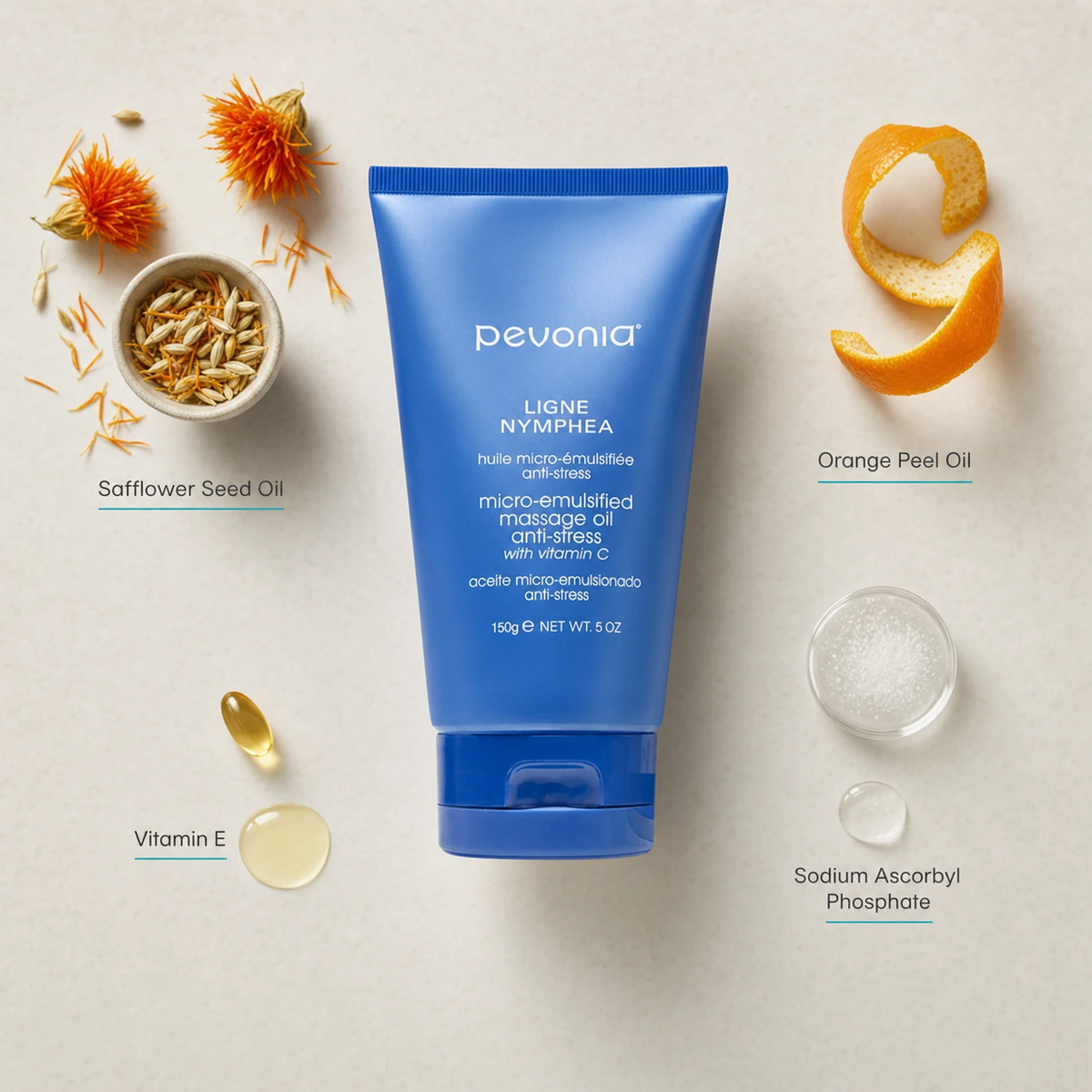 Pevonia Micro-Emulsified Massage Oil Anti-Stress 150g ingredient flatlay with Safflower Seed Oil, Orange Peel Oil, Vitamin E and Sodium Ascorbyl Phosphate