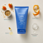 Pevonia Micro-Emulsified Massage Oil Anti-Stress 150g ingredient flatlay with Safflower Seed Oil, Orange Peel Oil, Vitamin E and Sodium Ascorbyl Phosphate