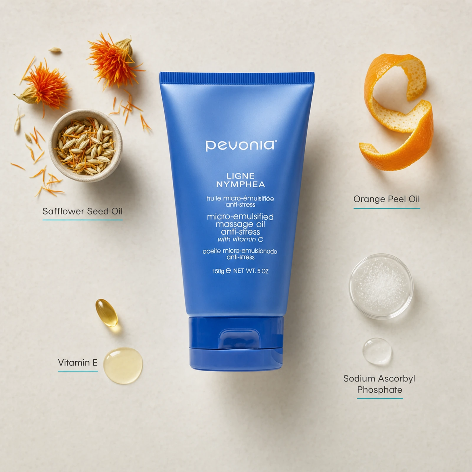 Pevonia Micro-Emulsified Massage Oil Anti-Stress 150g ingredient flatlay with Safflower Seed Oil, Orange Peel Oil, Vitamin E and Sodium Ascorbyl Phosphate
