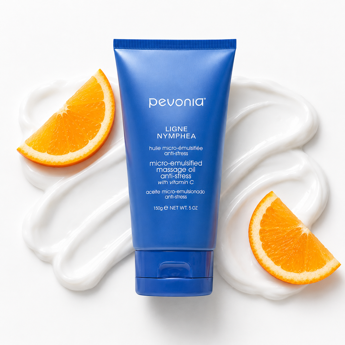 Pevonia Micro-Emulsified Massage Oil Anti-Stress 150g-with glossy emulsified texture and fresh orange slices.