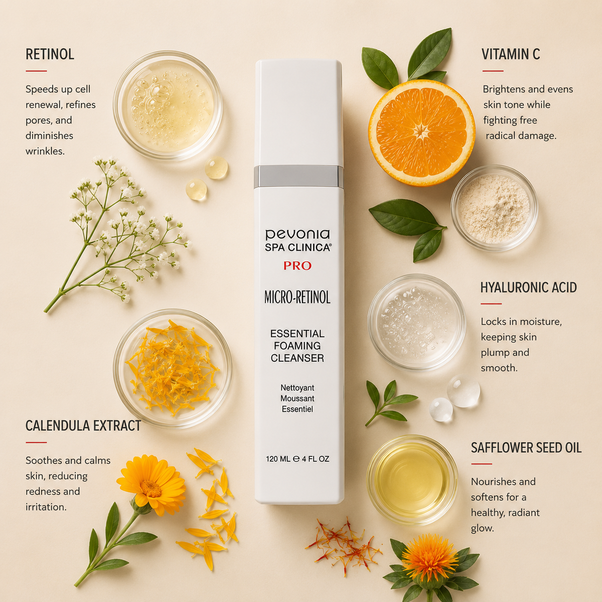 Pevonia Micro-Retinol Essential Foaming Cleanser ingredient flatlay featuring retinol, vitamin C, hyaluronic acid, calendula extract and safflower seed oil arranged around the cleanser bottle on a soft neutral background