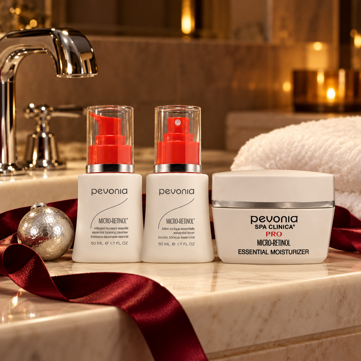 PEVONIA Micro Retinol Essential Gift Box in a styled product arrangement. File: pevonia-micro-retinol-essential-gift-box-products-creative-2026.png