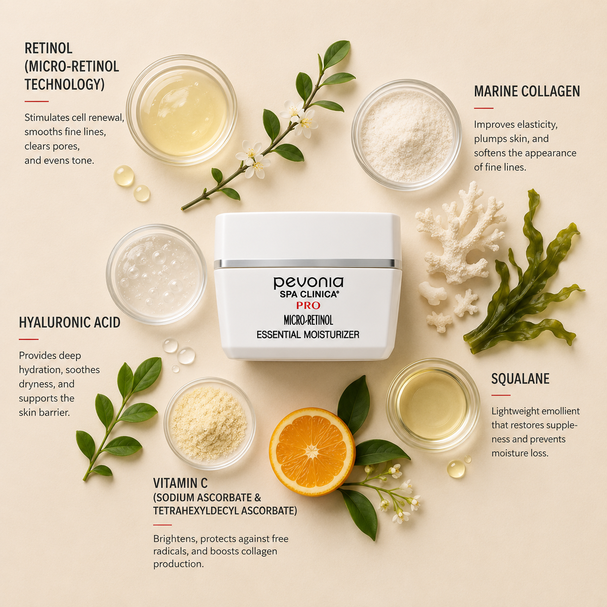 Pevonia Micro-Retinol Essential Moisturizer ingredient flatlay featuring retinol, marine collagen, hyaluronic acid, vitamin C and squalane arranged around the moisturizer jar on a soft neutral background