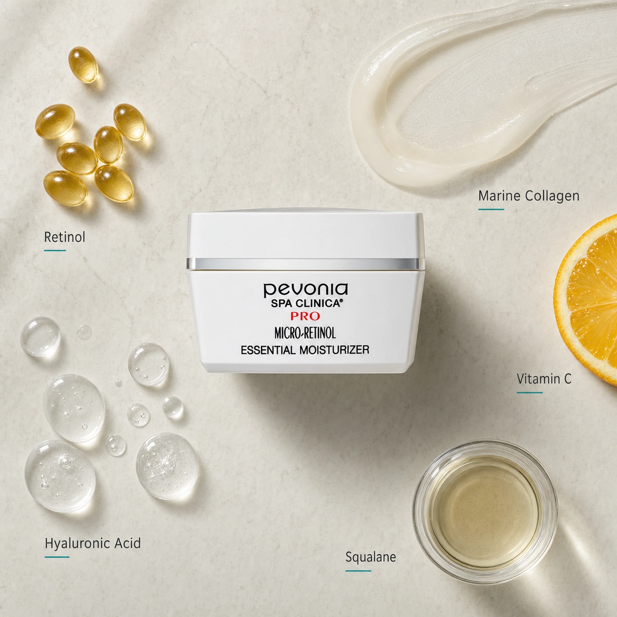 Pevonia Micro-Retinol Essential Moisturiser 50ml ingredient flatlay with Retinol, Marine Collagen, Hyaluronic Acid, Vitamin C and Squalane