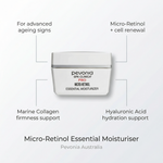 Pevonia Micro-Retinol Essential Moisturizer on a white background with text highlighting benefits.