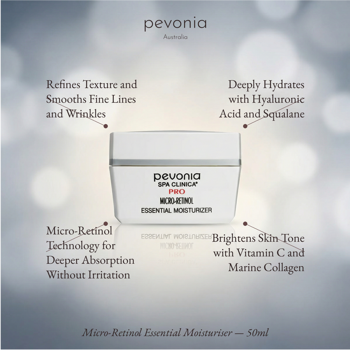 Pevonia Micro-Retinol Essential Moisturizer with product features on a blurred background