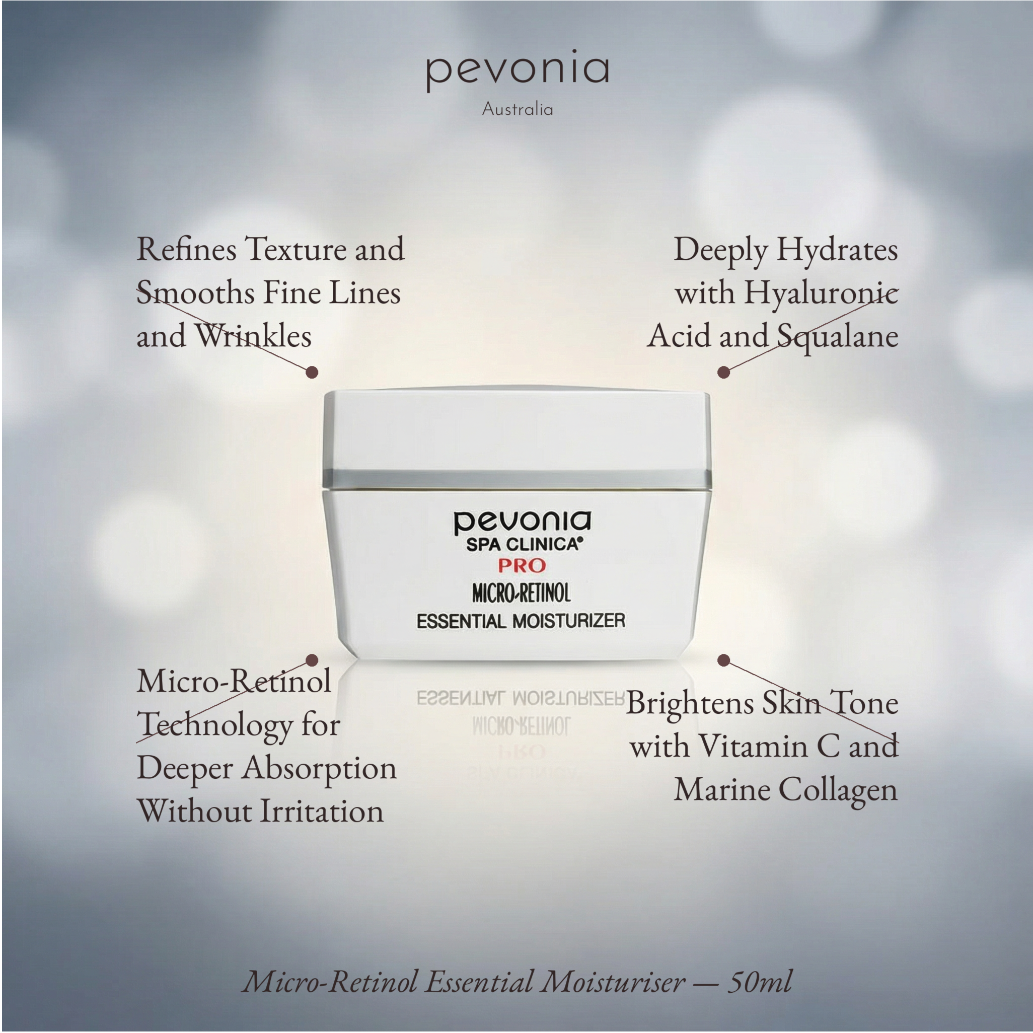 Pevonia Micro-Retinol Essential Moisturizer with product features on a blurred background