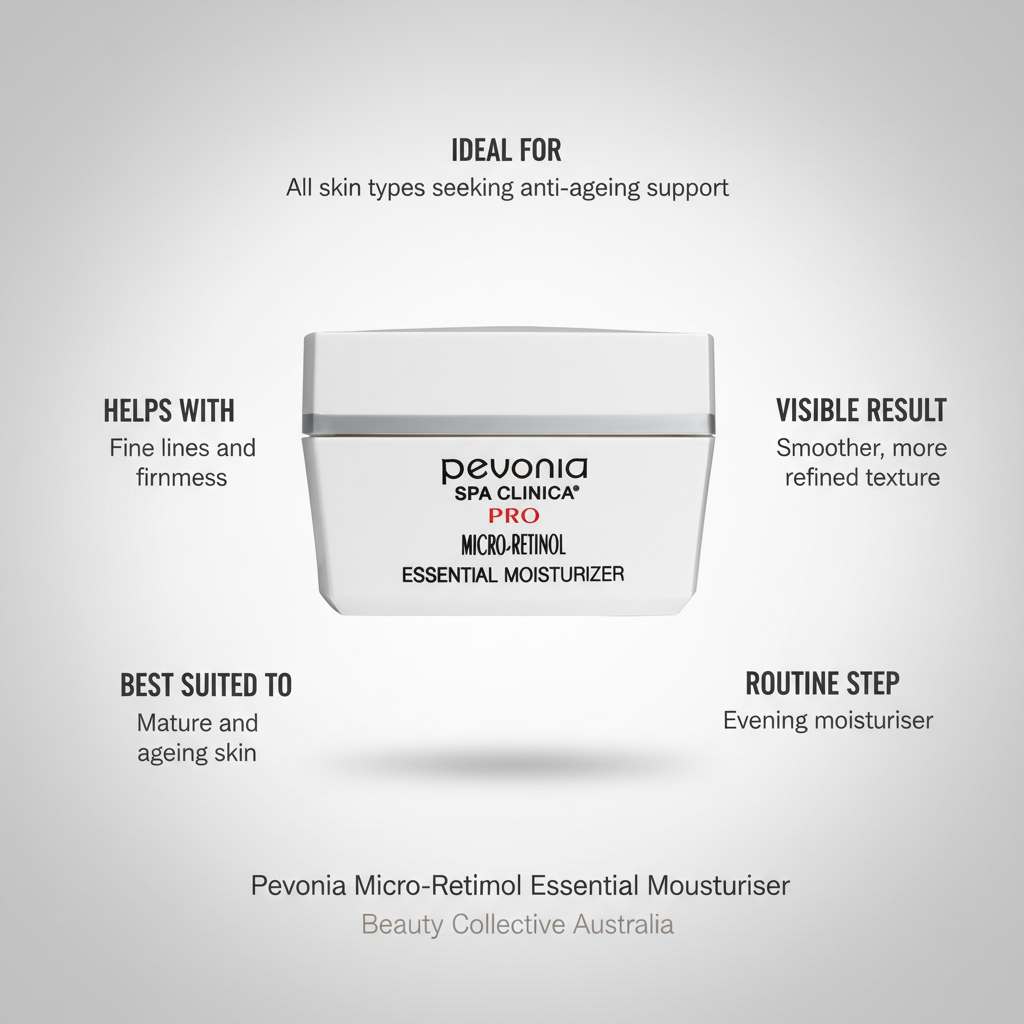 Pevonia Micro-Retinol Essential Moisturizer with product details on a gray background