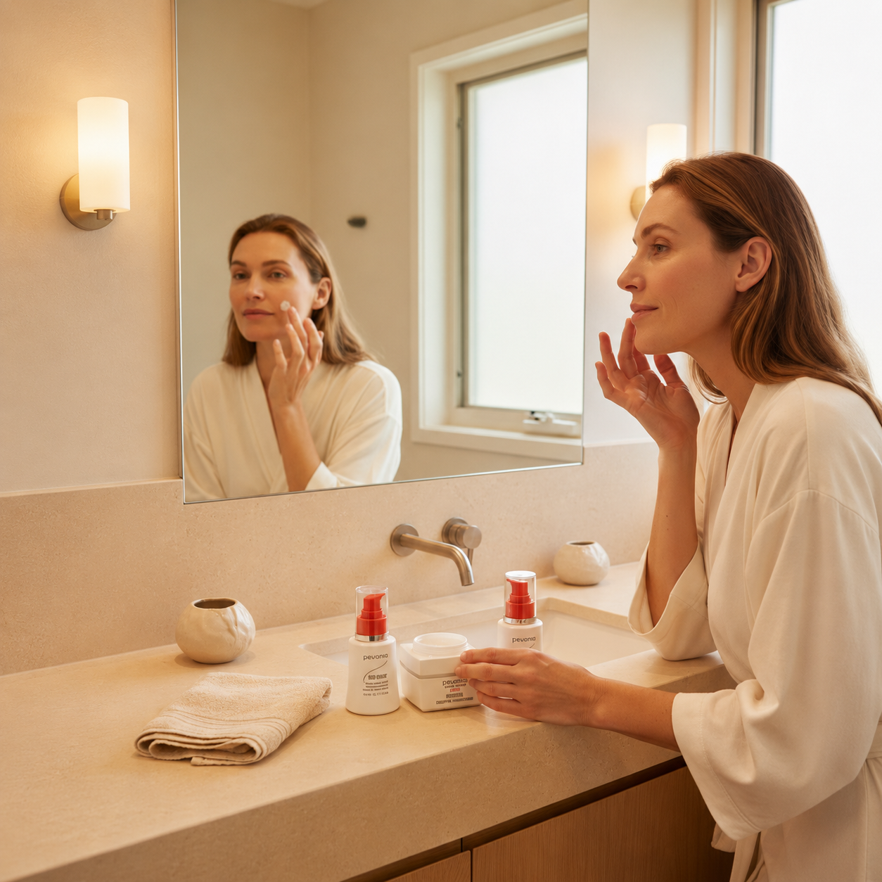 Woman applying Pevonia Micro-Retinol Essential Moisturiser in a home bathroom with the Foaming Cleanser and Toner displayed on the stone vanity.