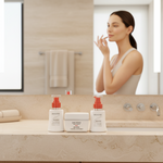 Three Pevonia Micro Retinol skincare products arranged side by side on a light gray background: a left pump bottle with a red pump, a center cream jar with a red label, and a right pump bottle with a red pump.