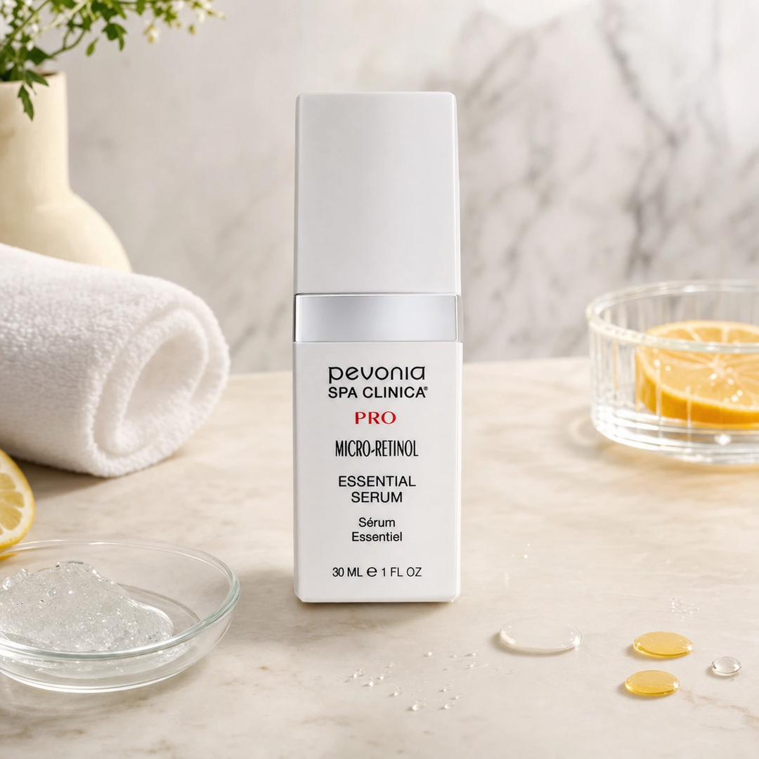 Pevonia Micro-Retinol Essential Serum 30ml on a luxury bathroom vanity for mature, dull and sun-damaged skin