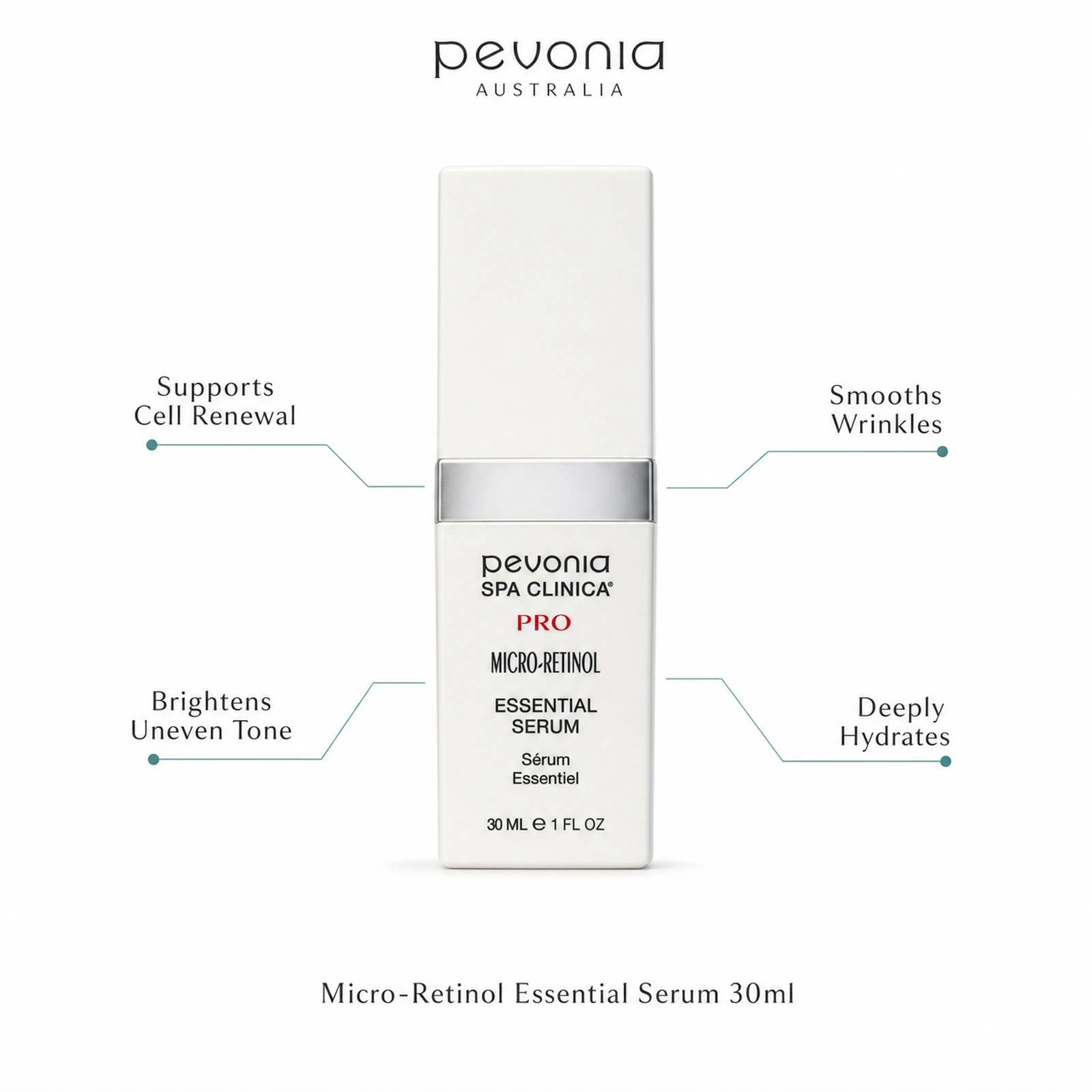 Pevonia Micro-Retinol Essential Serum 30ml with benefits for cell renewal, wrinkles, uneven tone and hydration