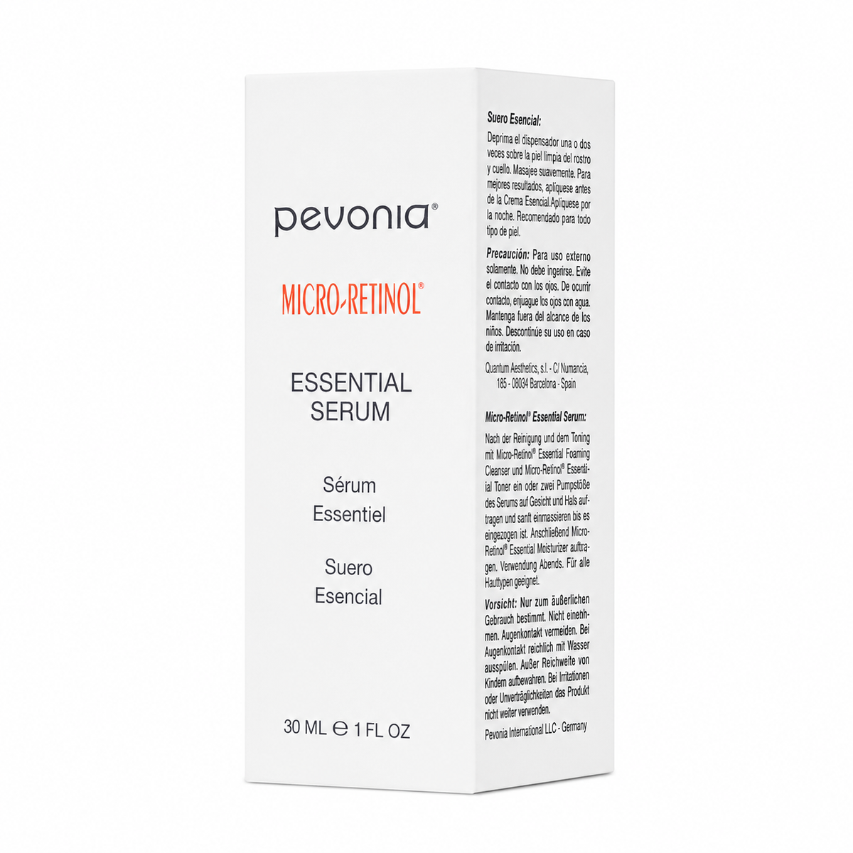 Pevonia Micro-Retinol Essential Serum 30ml box on clean white background.