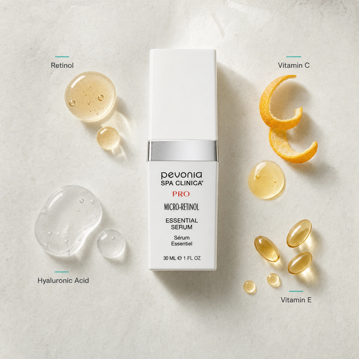 Pevonia Micro-Retinol Essential Serum 30ml ingredient flatlay with Retinol, Vitamin C, Hyaluronic Acid and Vitamin E