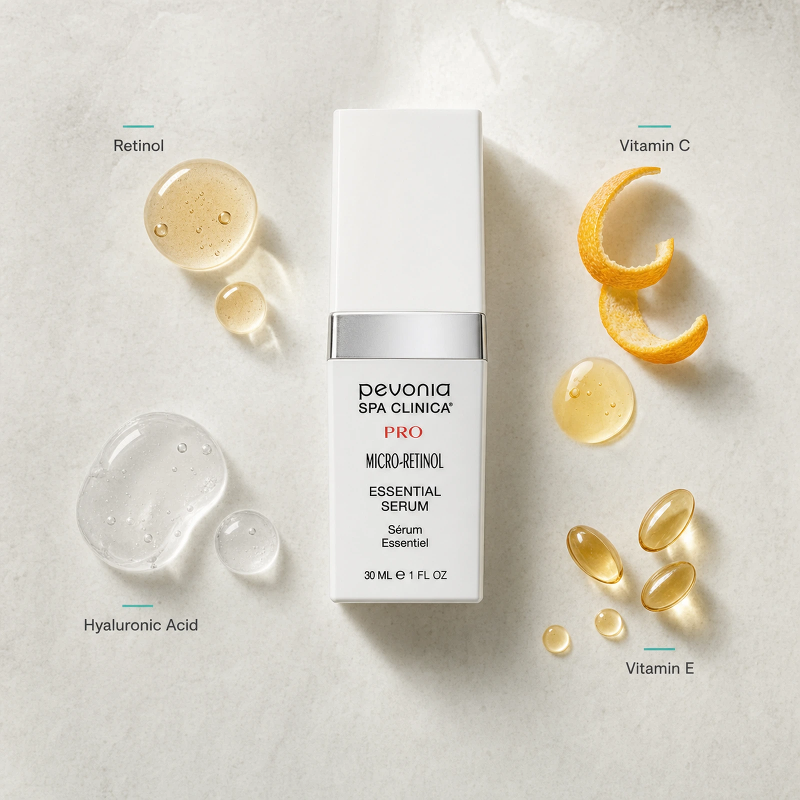 Pevonia Micro-Retinol Essential Serum 30ml ingredient flatlay with Retinol, Vitamin C, Hyaluronic Acid and Vitamin E
