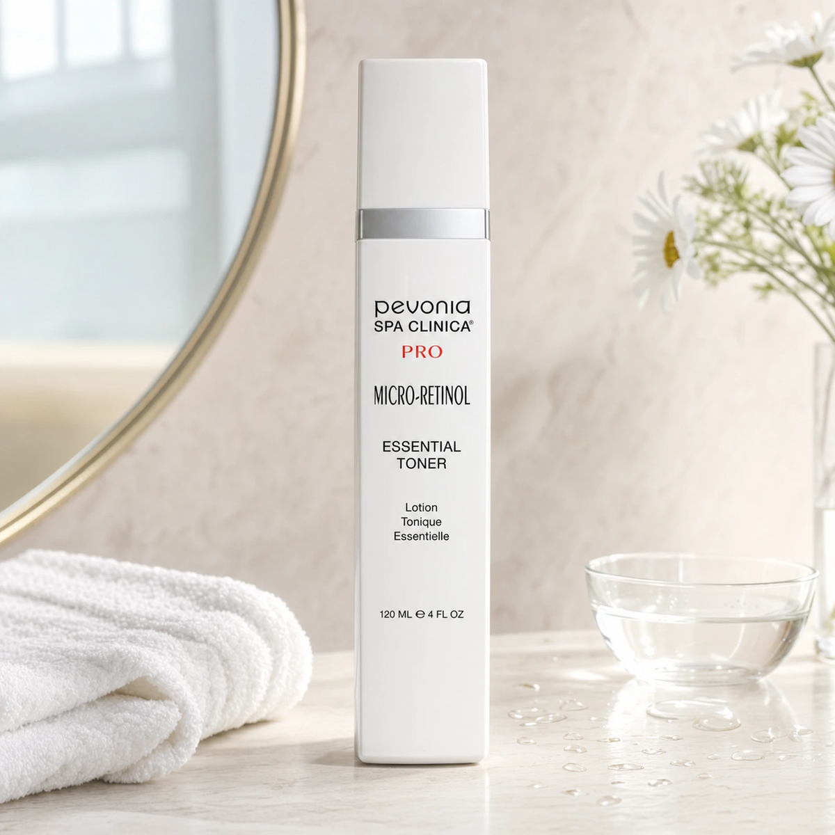 A bottle of Pevonia Micro-Retinol Essential Toner 120ml displayed on bathroom basin