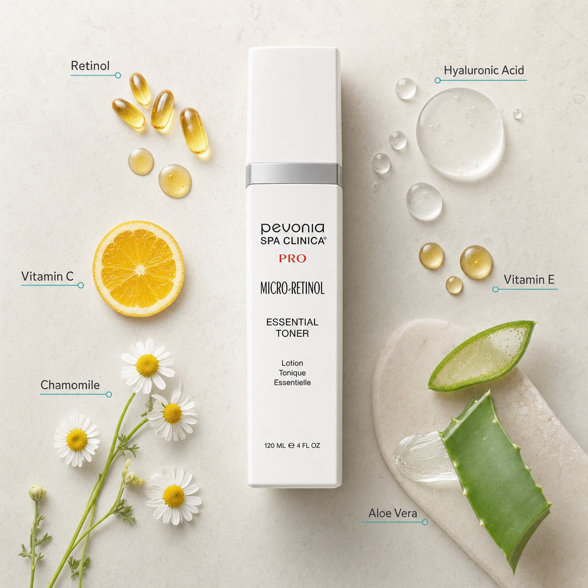 Pevonia Micro-Retinol Essential Toner 120ml ingredient flatlay with Retinol, Hyaluronic Acid, Vitamin C, Vitamin E, Chamomile and Aloe Vera