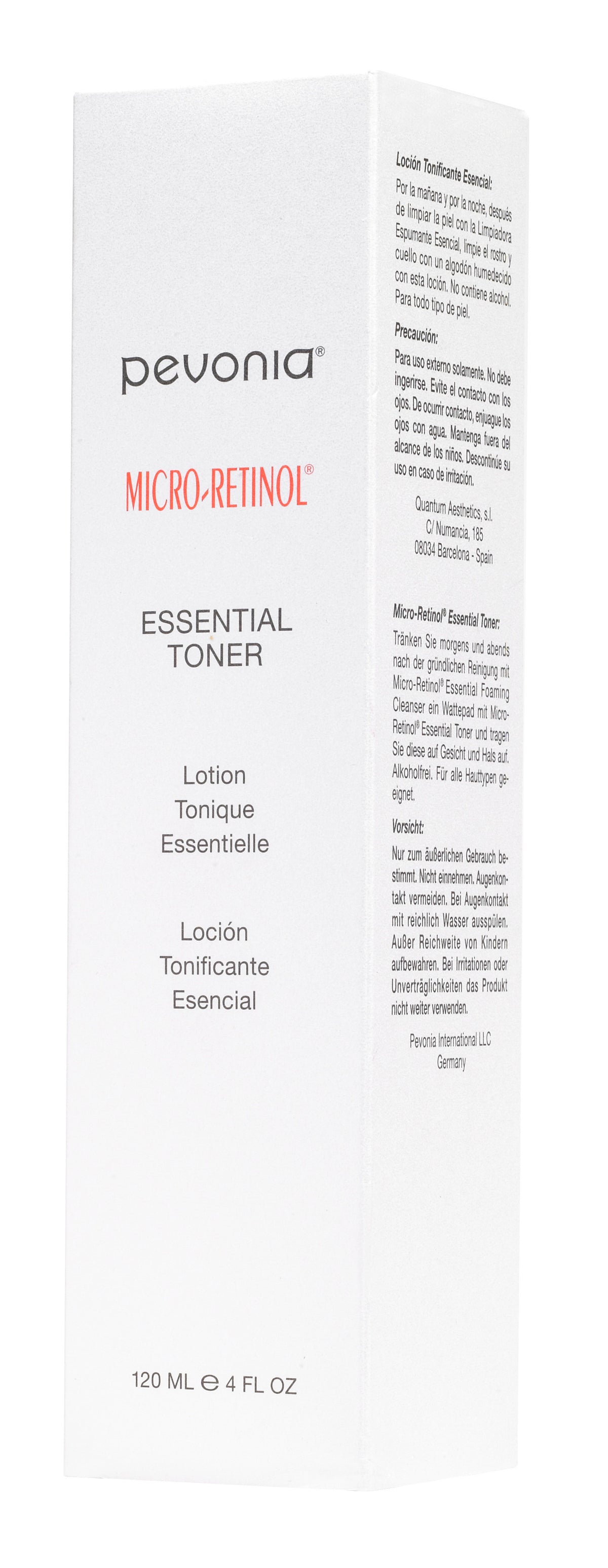 Pevonia Micro Retinol Essential Toner box packaging showing front and side panel details with product information