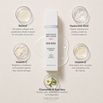Pevonia Micro Retinol Essential Toner ingredient flatlay showing retinol, hyaluronic acid, vitamin C, vitamin E, and chamomile with aloe vera around toner bottle on neutral background