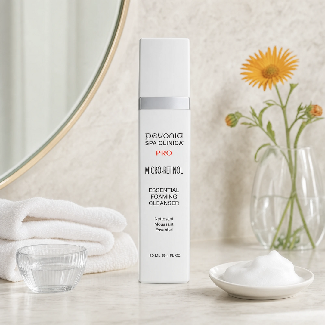 Pevonia Micro-Retinol Essential Foaming Cleanser 120ml on a luxury bathroom vanity for mature, dull and uneven skin