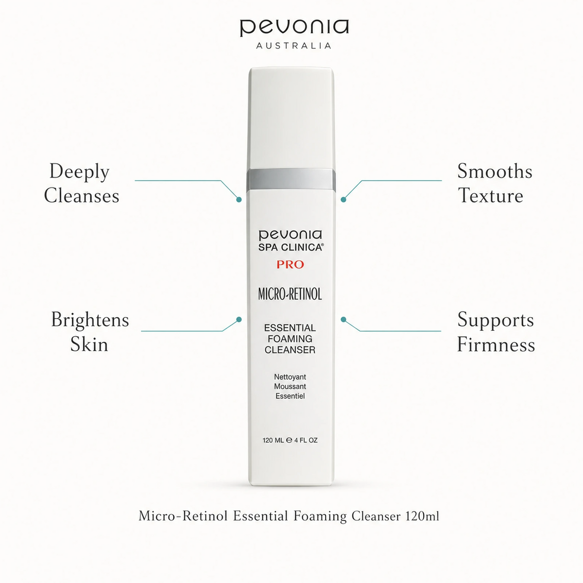 Pevonia Micro-Retinol Essential Foaming Cleanser 120ml with benefits for cleansing, texture, brightness and firmness
