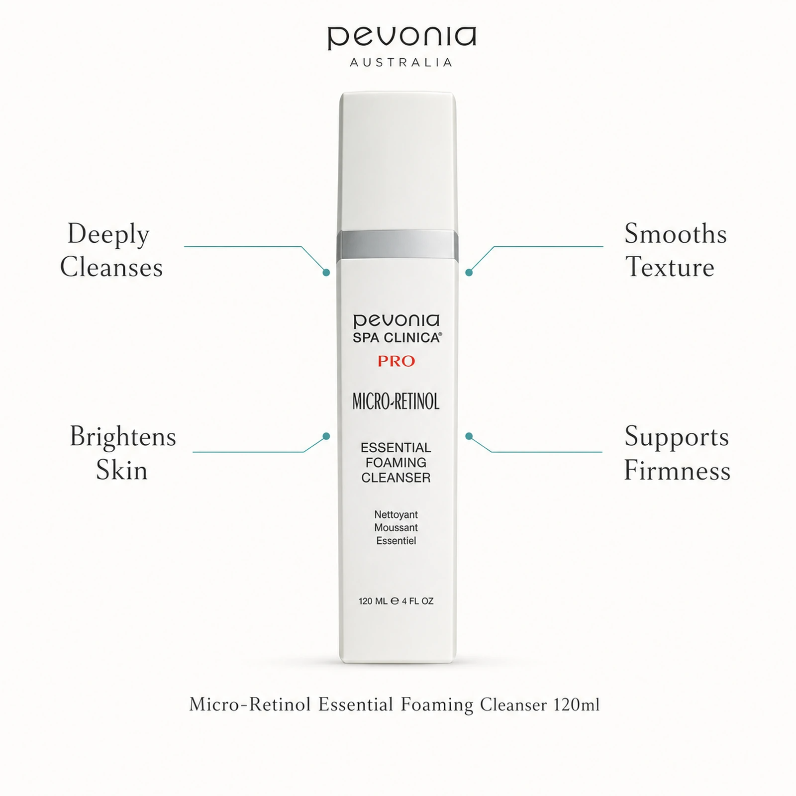Pevonia Micro-Retinol Essential Foaming Cleanser 120ml with benefits for cleansing, texture, brightness and firmness