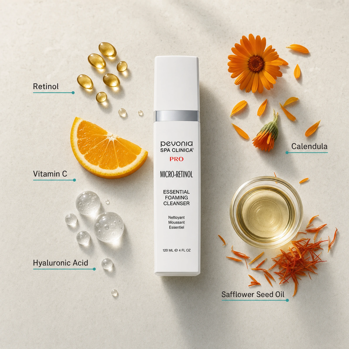 Pevonia Micro-Retinol Essential Foaming Cleanser 120ml ingredient flatlay with Retinol, Vitamin C, Hyaluronic Acid, Calendula and Safflower Seed Oil
