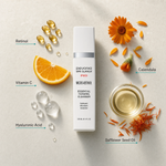 Pevonia Micro-Retinol Essential Foaming Cleanser 120ml ingredient flatlay with Retinol, Vitamin C, Hyaluronic Acid, Calendula and Safflower Seed Oil