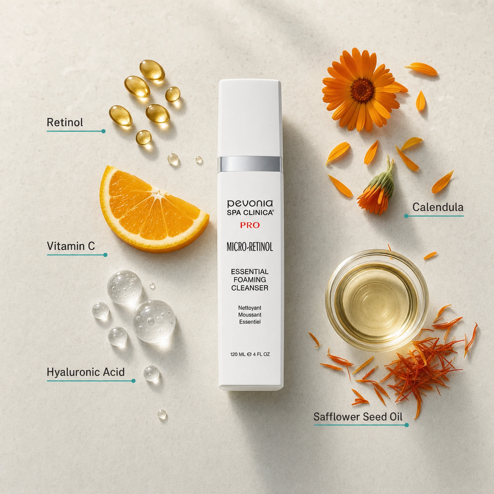 Pevonia Micro-Retinol Essential Foaming Cleanser 120ml ingredient flatlay with Retinol, Vitamin C, Hyaluronic Acid, Calendula and Safflower Seed Oil