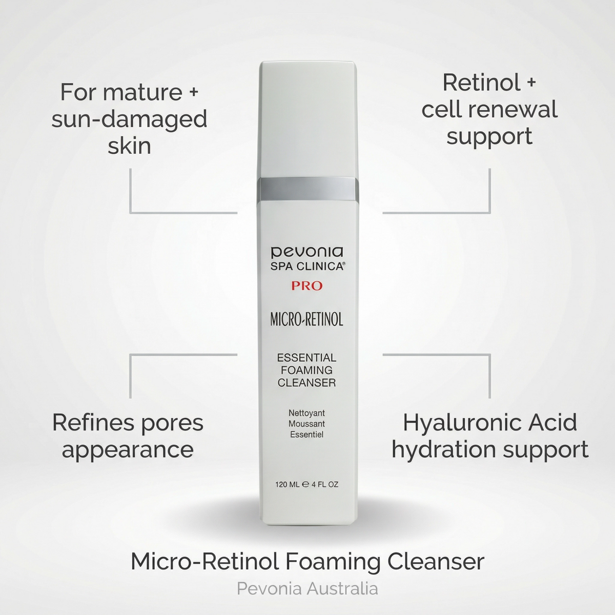 Pevonia Spa Clinica Pro Micro-Retinol Foaming Cleanser bottle with product features on a light gray background