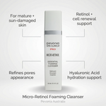 Pevonia Spa Clinica Pro Micro-Retinol Foaming Cleanser bottle with product features on a light gray background