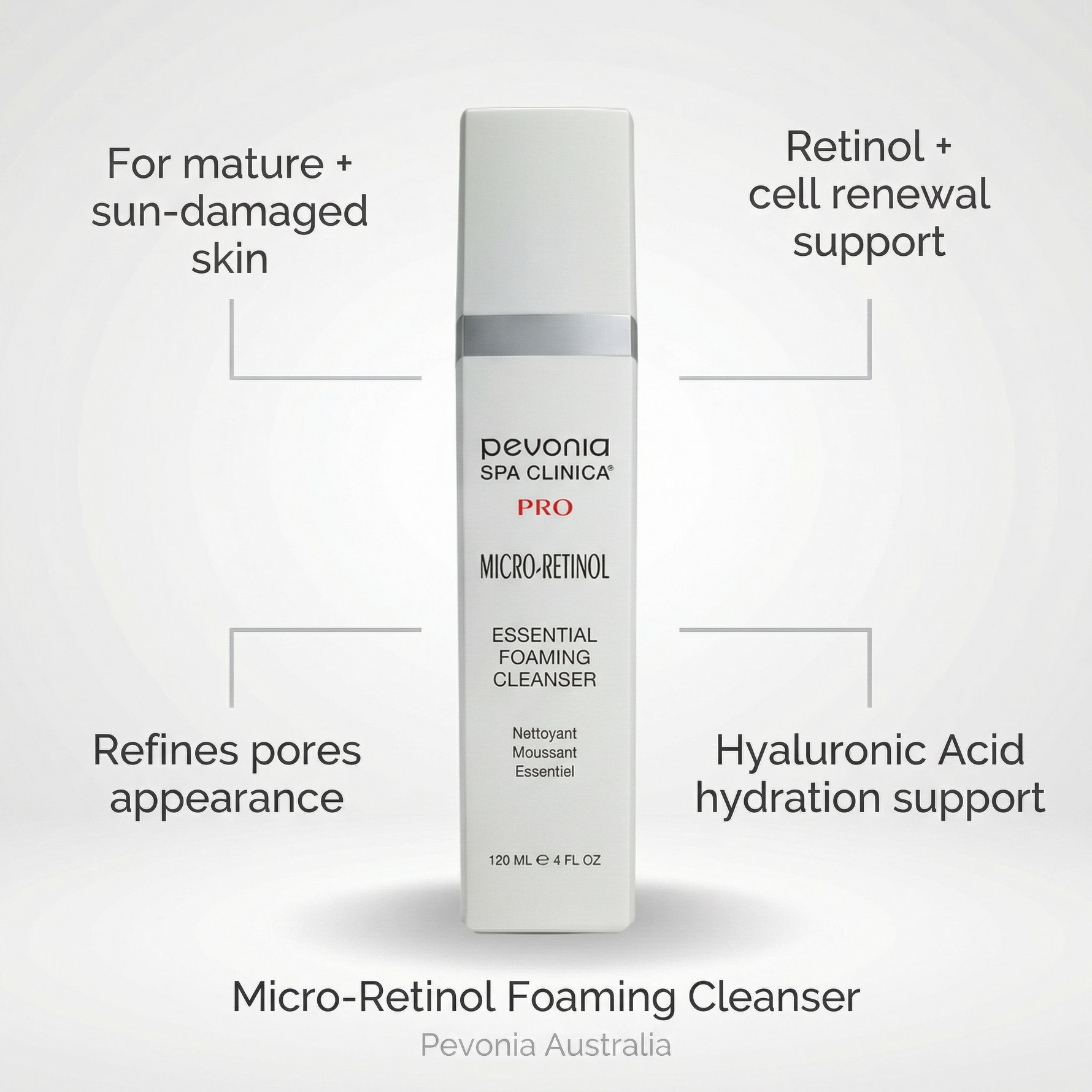 Pevonia Spa Clinica Pro Micro-Retinol Foaming Cleanser bottle with product features on a light gray background