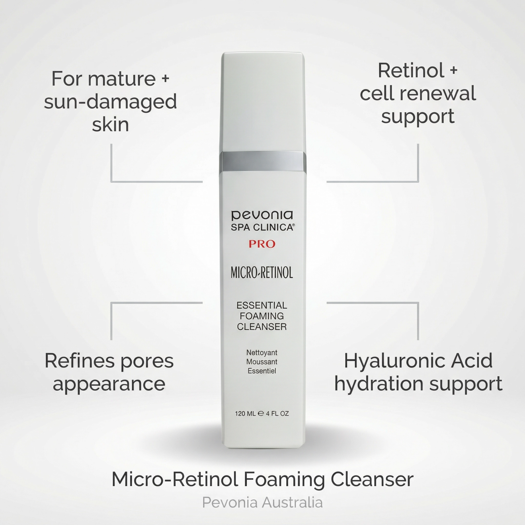 Pevonia Spa Clinica Pro Micro-Retinol Foaming Cleanser bottle with product features on a light gray background