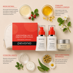 Pevonia Micro-Retinol Starter Pack ingredient flatlay featuring micro-retinol, stabilised vitamin A complex, hydrating agents and skin-conditioning botanicals arranged around the skincare set on a soft neutral background