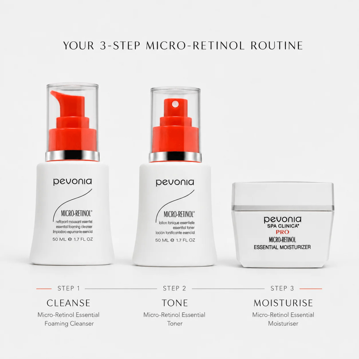Micro-Retinol Essential Moisturizer alongside two white bottles with red pumps: a Micro-Retinol Essential Foaming Cleanser and a Micro-Retinol Essential Toner: Step 1 Cleanse, Step 2 Tone, and Step 3 Moisturise. The products are white containers with bright orange pump tops and a silver band, plus a white jar with a gray lid.