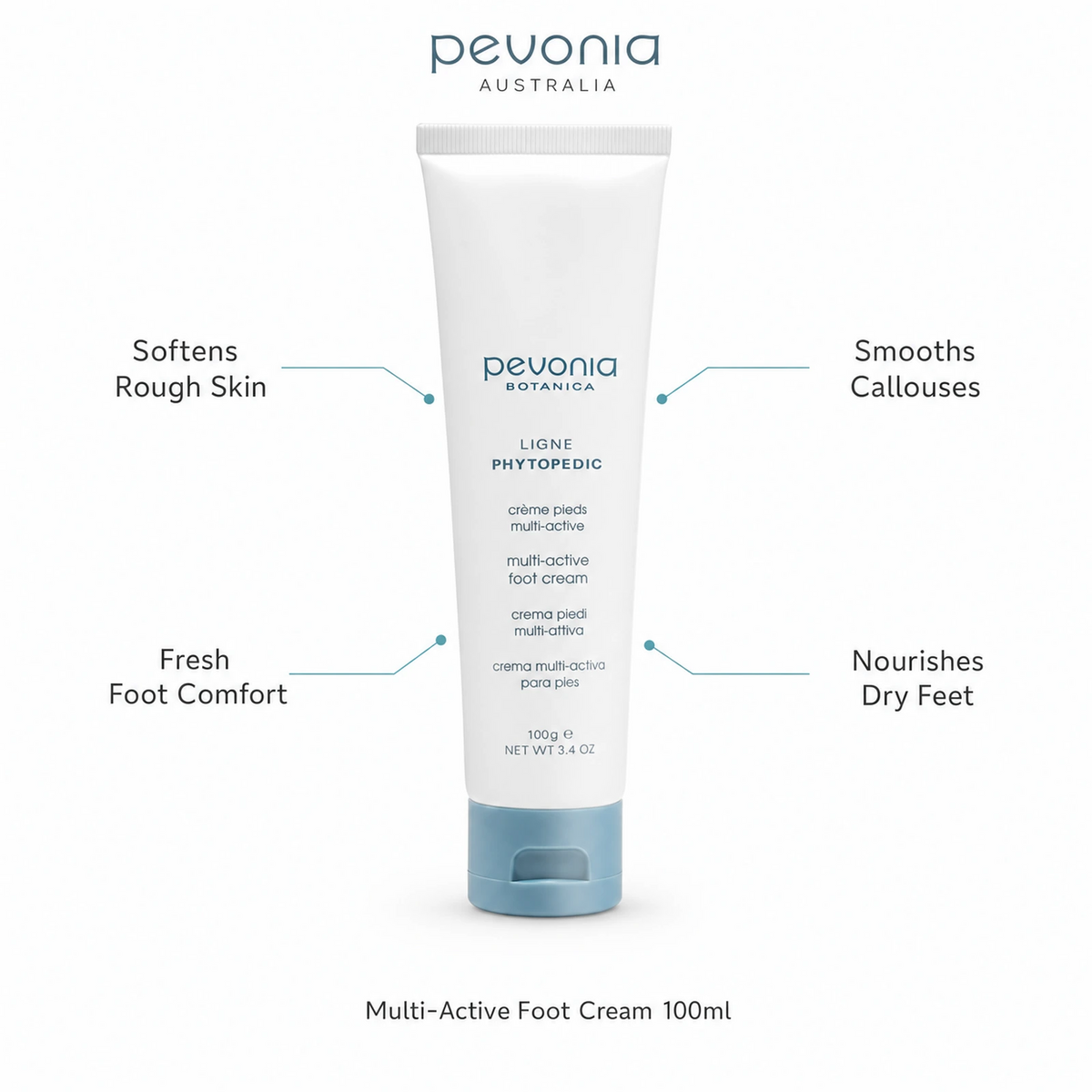 Pevonia Multi-Active Foot Cream 100ml with benefits for softening rough skin, smoothing callouses, fresh comfort and dry foot nourishment
