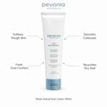 Pevonia Multi-Active Foot Cream 100ml with benefits for softening rough skin, smoothing callouses, fresh comfort and dry foot nourishment
