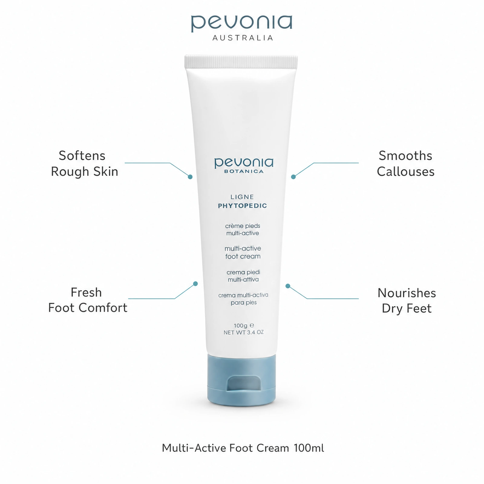 Pevonia Multi-Active Foot Cream 100ml with benefits for softening rough skin, smoothing callouses, fresh comfort and dry foot nourishment