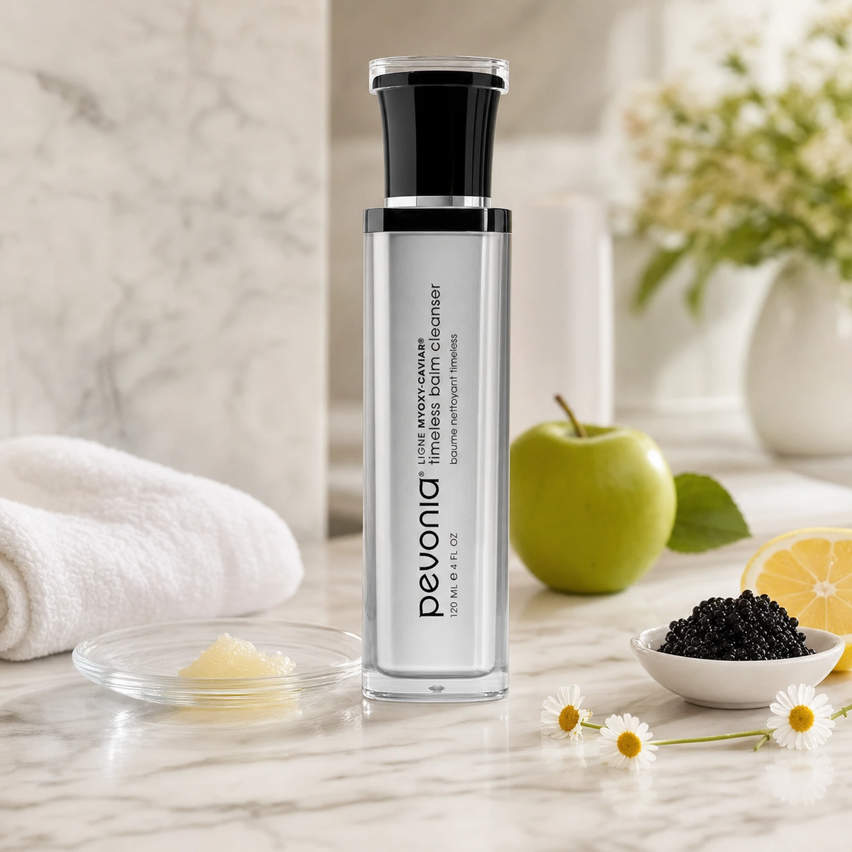 Pevonia MyOxy Caviar Timeless Balm Cleanser 120ml on a luxury bathroom vanity for mature, dry and stressed skin
