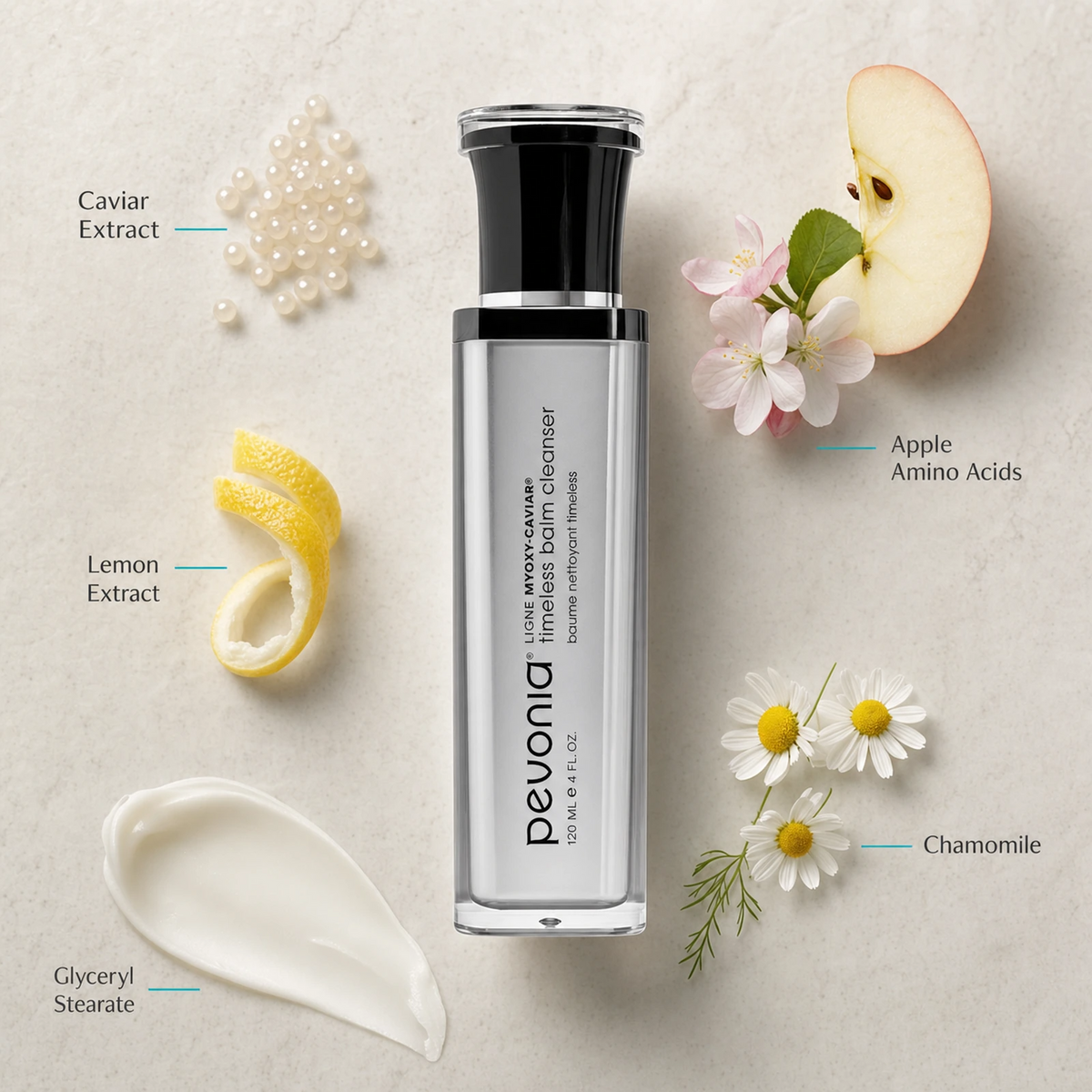 Pevonia MyOxy Caviar Timeless Balm Cleanser 120ml ingredient flatlay with Caviar Extract, Apple Amino Acids, Lemon Extract, Chamomile and Glyceryl Stearate