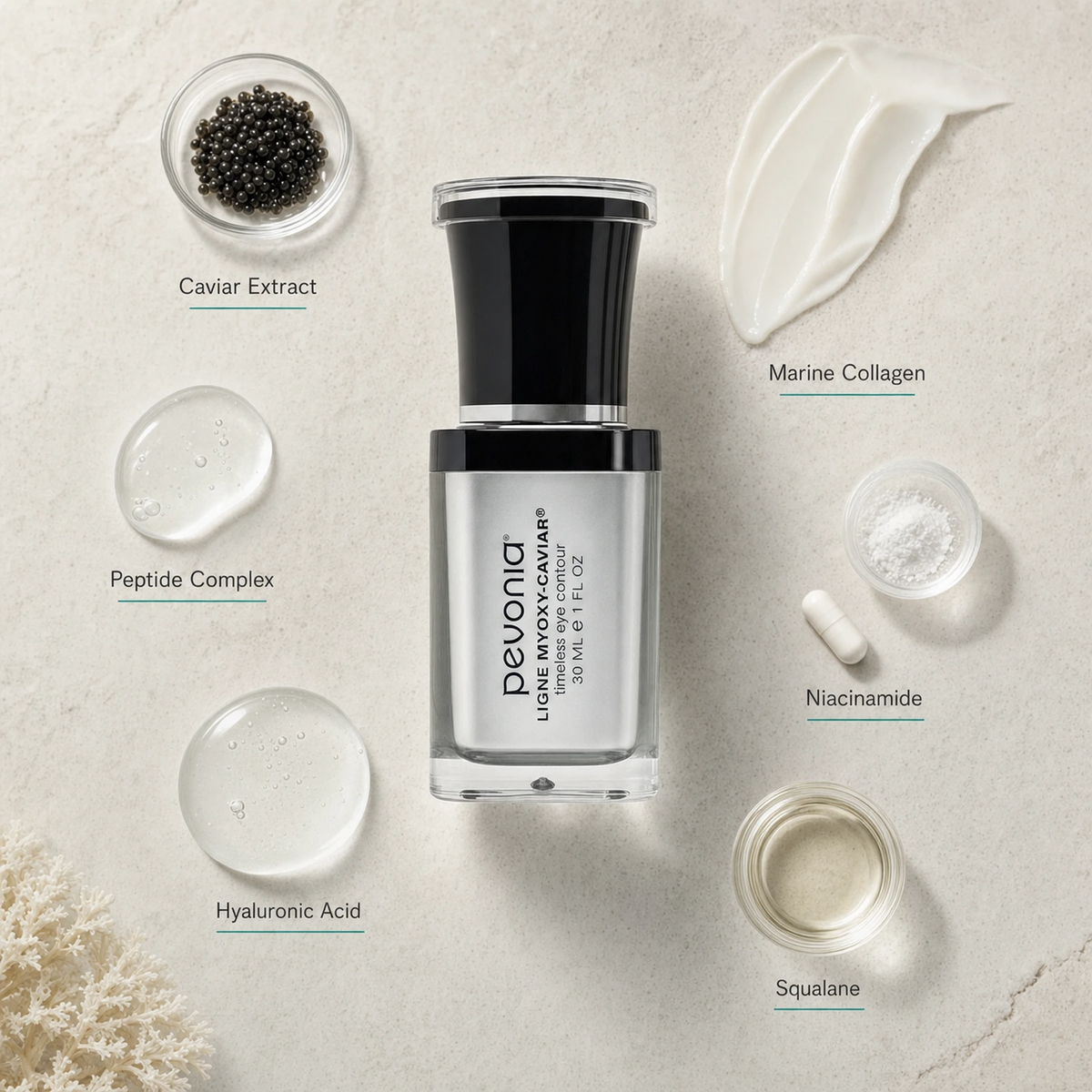 Pevonia MyOxy-Caviar Timeless Eye Contour 30ml ingredient flatlay with Caviar Extract, Marine Collagen, Peptide Complex, Niacinamide, Hyaluronic Acid and Squalane