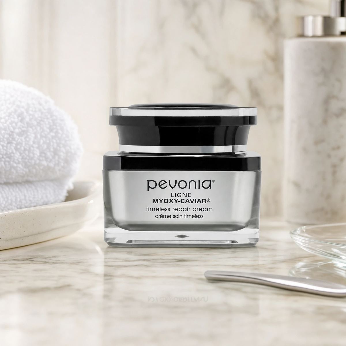 Pevonia MyOxy-Caviar Timeless Repair Cream 50ml on a luxury bathroom vanity for mature, dry and ageing skin