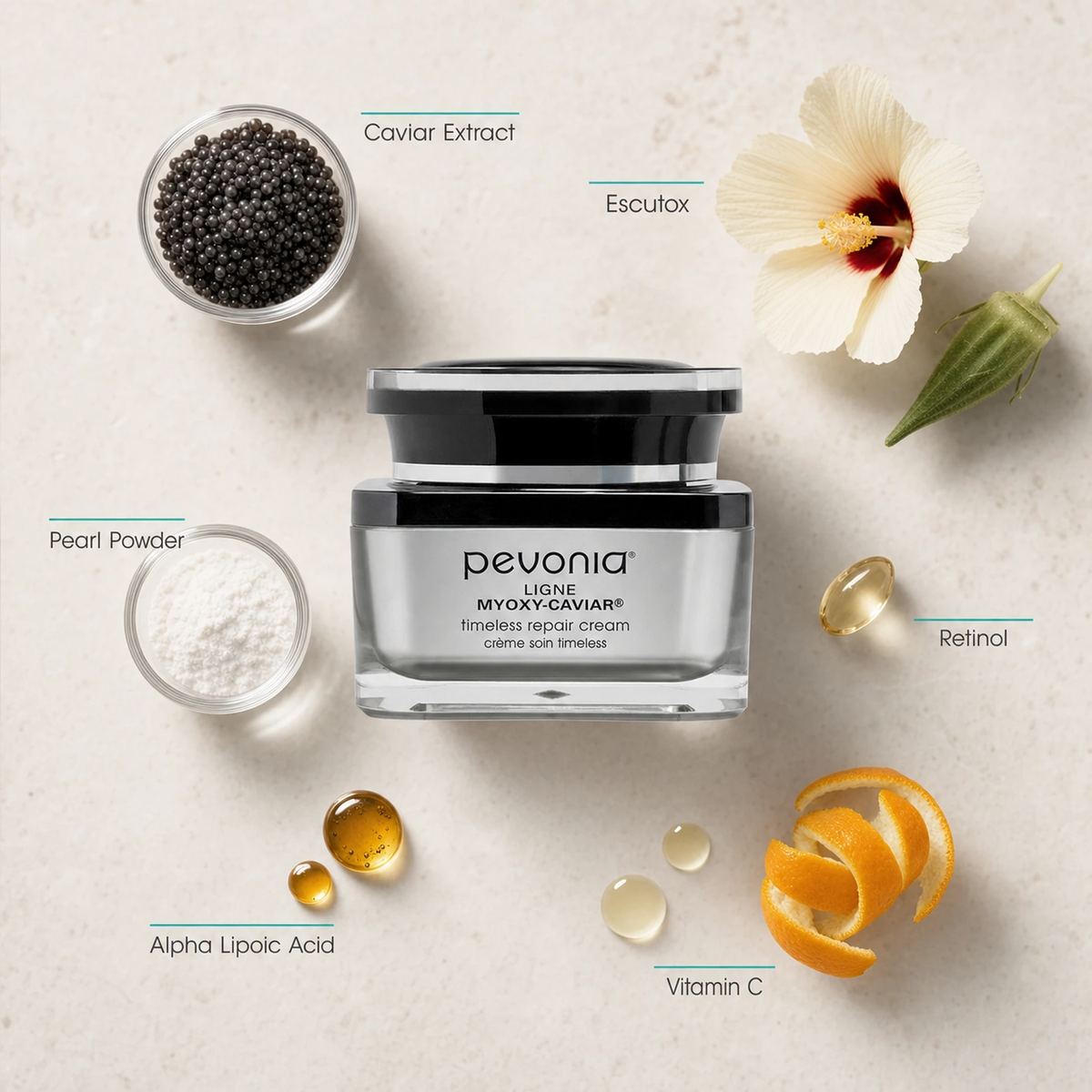 Pevonia MyOxy-Caviar Timeless Repair Cream 50ml ingredient flatlay with Caviar Extract, Escutox, Pearl Powder, Retinol, Alpha Lipoic Acid and Vitamin C