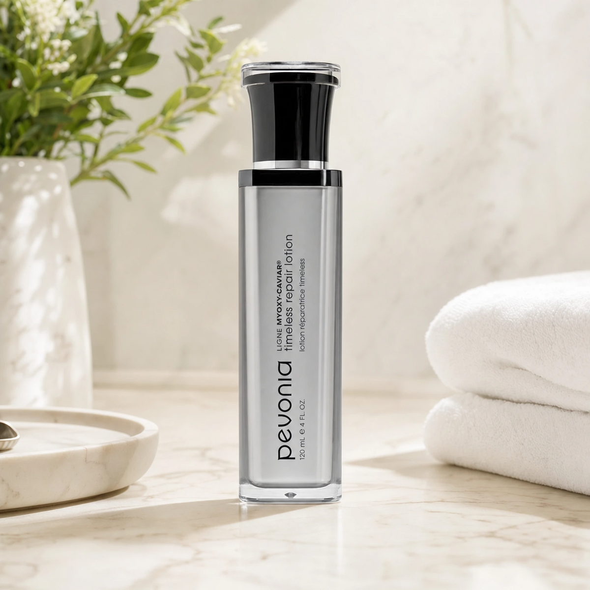 Pevonia MyOxy-Caviar Timeless Repair Lotion 120ml on a luxury bathroom vanity for mature, dry and dehydrated skin