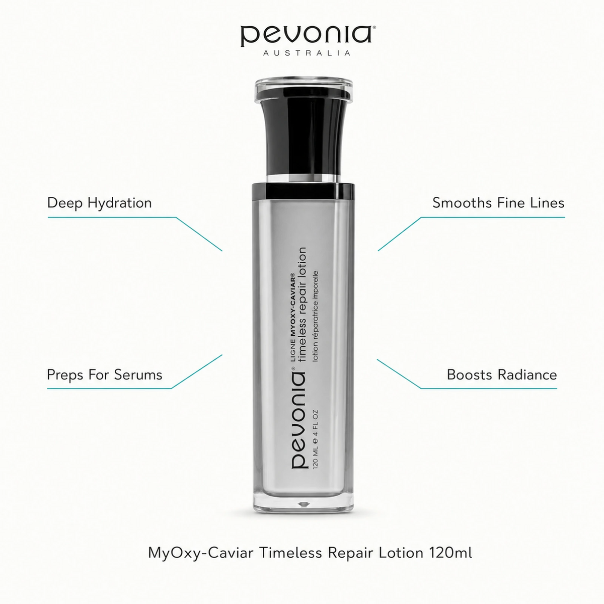 Pevonia MyOxy-Caviar Timeless Repair Lotion 120ml with benefits for deep hydration, serum preparation, fine line smoothing and radiance